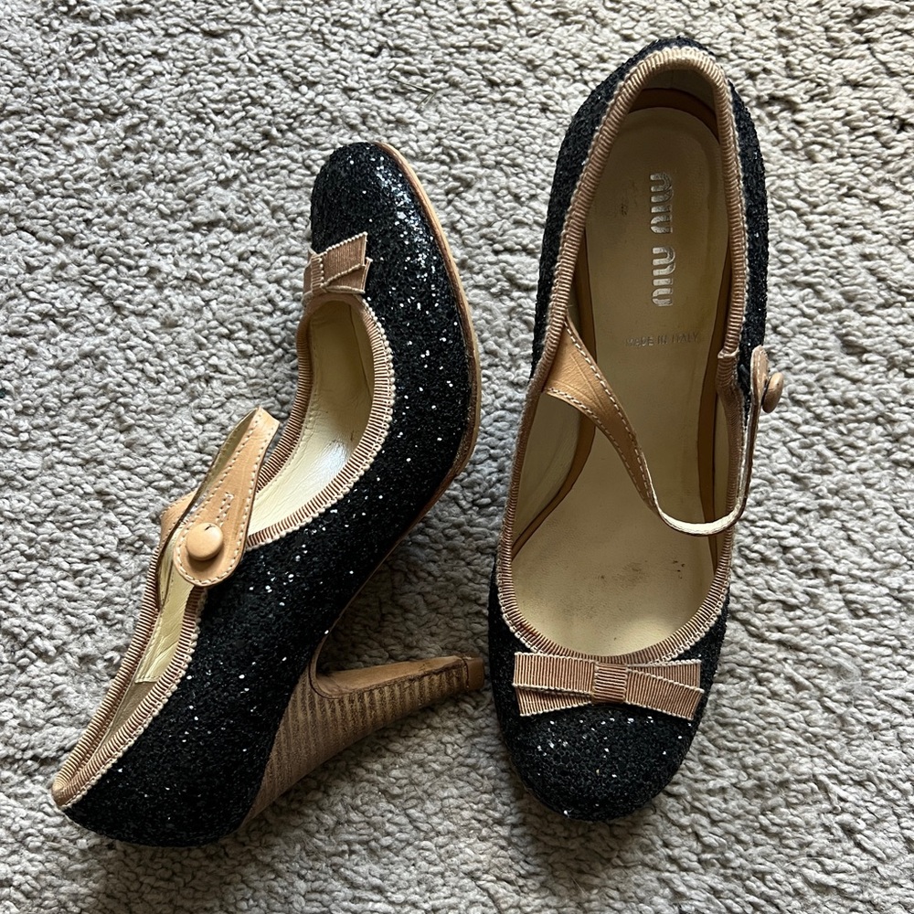 Miu Miu Black Beige Glitter Mary Jane Pump Heels size 37/36.5/6.5
